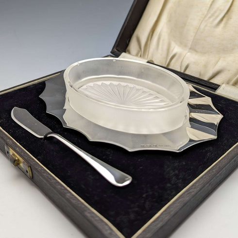 1930s British Vintage Pure Silver & Glass Inner Butter Dish in Case