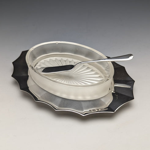 1930 年代英國復古純銀玻璃內黃油盤(帶盒)