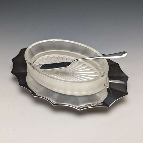 1930s British Vintage Pure Silver & Glass Inner Butter Dish in Case
