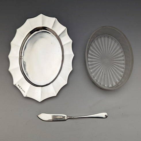 1930 年代英國復古純銀玻璃內黃油盤(帶盒)