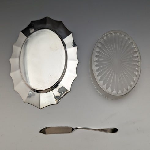 1930 年代英國復古純銀玻璃內黃油盤(帶盒)