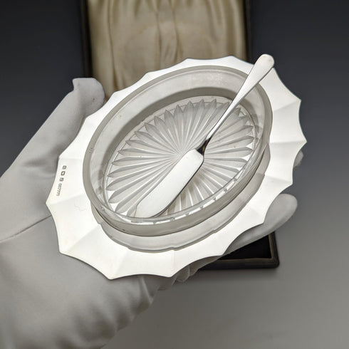 1930 年代英國復古純銀玻璃內黃油盤(帶盒)