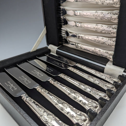 1973 British Vintage Sterling Silver Handle Cutlery 6 Pair Set Boxed Harrison Brothers