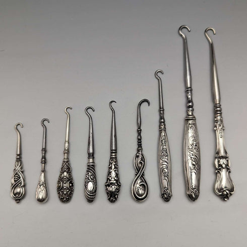 Around 1910 British antique silver plate handle button hook set of 9