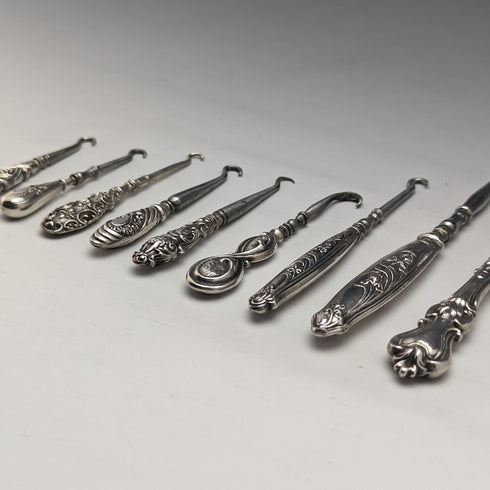 Around 1910 British antique silver plate handle button hook set of 9