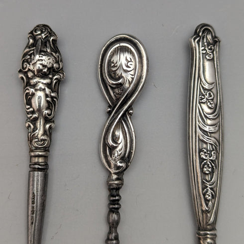 Around 1910 British antique silver plate handle button hook set of 9