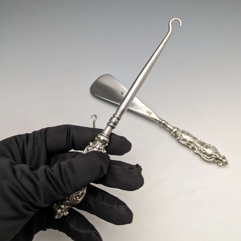 1912 British Antique Pure Silver Handle Shoehorn Button Hook x2 Set Adie & Lovekin