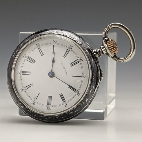 Around 1886 Antique Longines pocket watch silver side niello case works well
