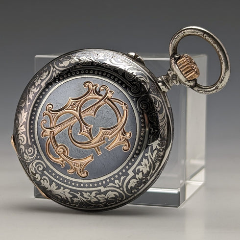 Around 1886 Antique Longines pocket watch silver side niello case works well