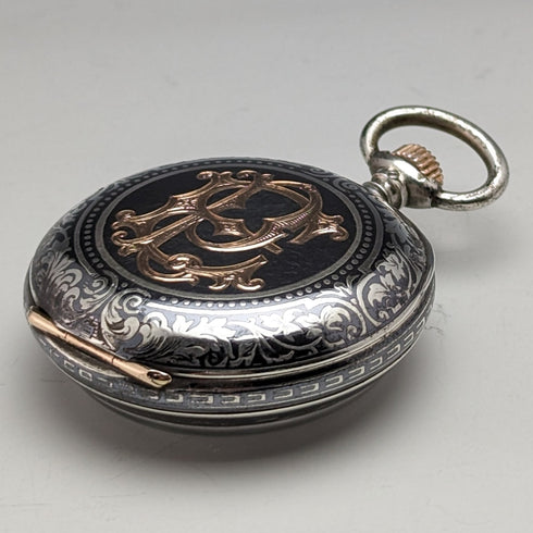 Around 1886 Antique Longines pocket watch silver side niello case works well