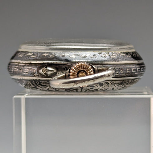 Around 1886 Antique Longines pocket watch silver side niello case works well