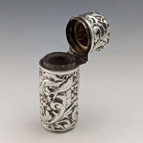 1896 British Antique Sterling Silver Relief Bird Sculpture Portable Perfume Bottle Sampson Mordan