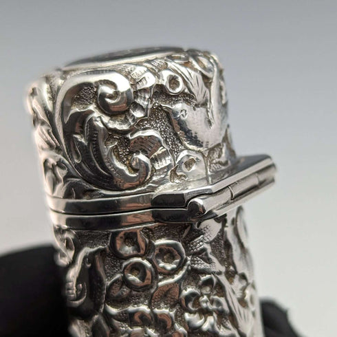 1896 British Antique Sterling Silver Relief Bird Sculpture Portable Perfume Bottle Sampson Mordan