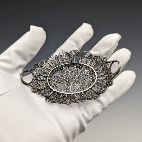 1900年頃 アンティーク シルバー製 フラワー装飾 フィリグリー トレイ