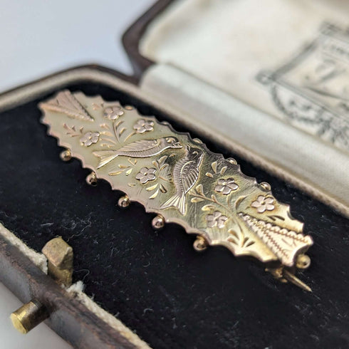 Around 1875 British antique 9ct gold small bird decoration pin brooch in case