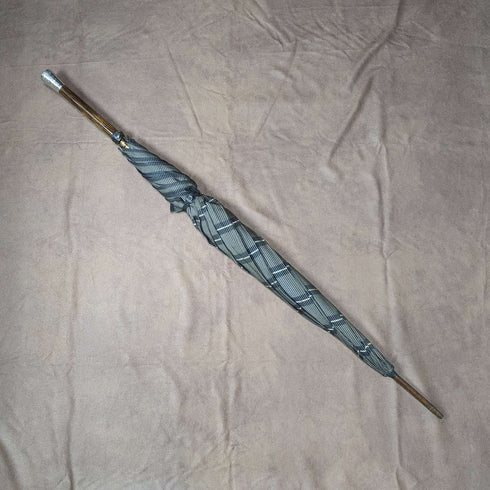 1932 British Vintage Men's Umbrella, Woven Pattern, Sterling Silver, Round Handle, 87cm