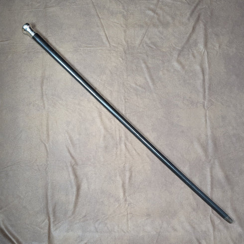 1922 British antique gentleman's walking stick, black shaft, pure silver, round handle, 92cm