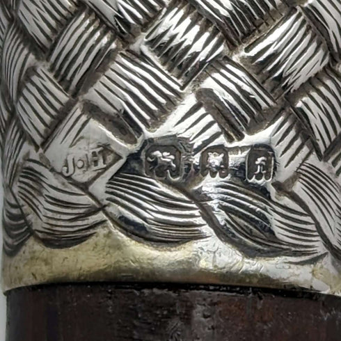 1901 British antique gentleman's walking stick, pure silver, engraved pattern, round handle, 89cm