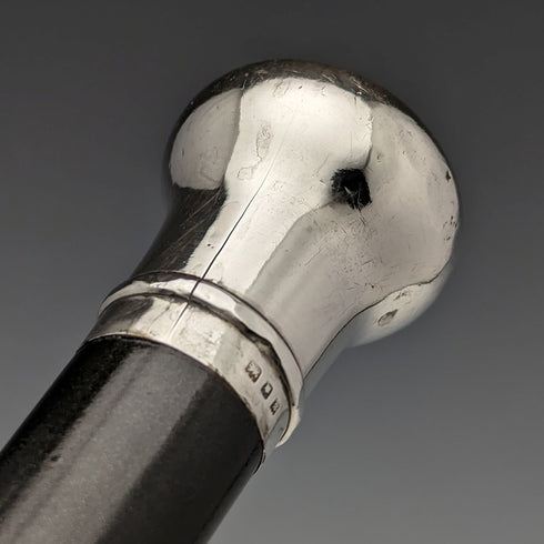 1922 British antique gentleman's walking stick, black shaft, pure silver, round handle, 92cm