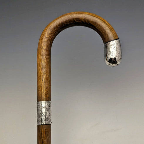 1922年 英国アンティーク 紳士用ステッキ 茶軸 純銀装飾 曲がりハンドル 92cm