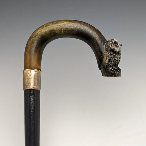 1900年頃 英国アンティーク 紳士用ステッキ フクロウ装飾 曲がりホーンハンドル 90cm