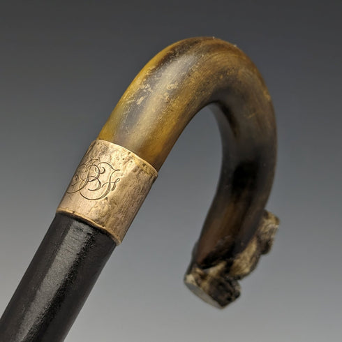 1900年頃 英国アンティーク 紳士用ステッキ フクロウ装飾 曲がりホーンハンドル 90cm