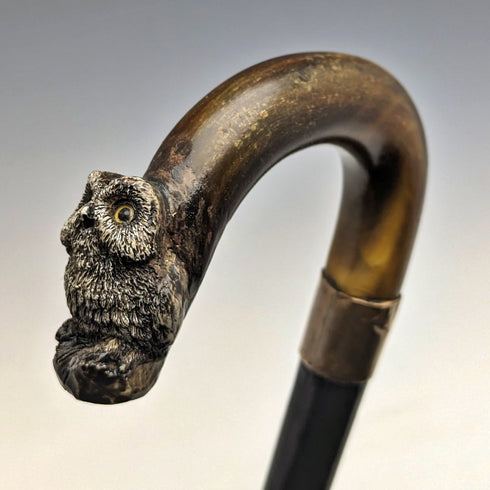 1900年頃 英国アンティーク 紳士用ステッキ フクロウ装飾 曲がりホーンハンドル 90cm