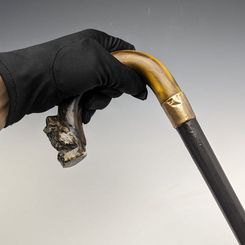 1900年頃 英国アンティーク 紳士用ステッキ フクロウ装飾 曲がりホーンハンドル 90cm