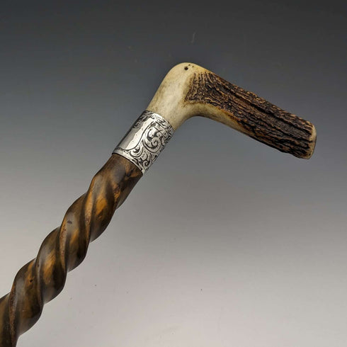 Around 1895 British Antique Men's Walking Stick Antler Clutch Handle Twist Shaft 85cm