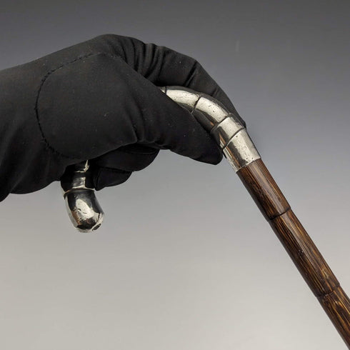 Around 1910 British antique thin cane pure silver bent handle 86cm