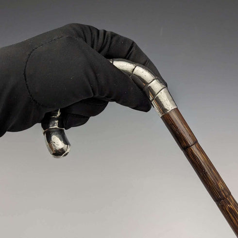 Around 1910 British antique thin cane pure silver bent handle 86cm