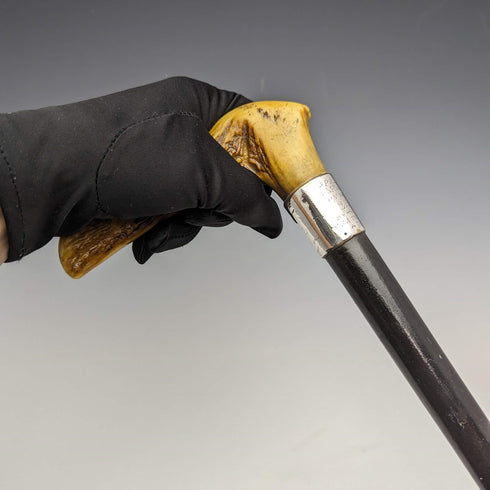 1889 British Antique Men's Walking Stick Antler Clutch Handle 91cm