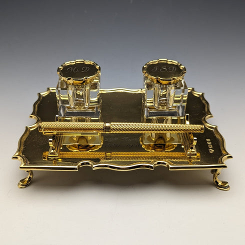 1935年 英国ヴィンテージ 純銀ギルト製 ペンスタンド&インク壺ペア Goldsmiths & Silversmiths