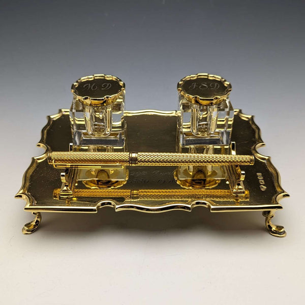 1935年 英国ヴィンテージ 純銀ギルト製 ペンスタンド&インク壺ペア Goldsmiths & Silversmiths
