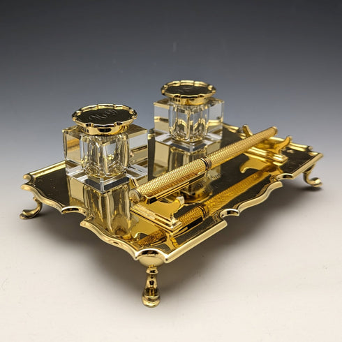 1935年 英国ヴィンテージ 純銀ギルト製 ペンスタンド&インク壺ペア Goldsmiths & Silversmiths