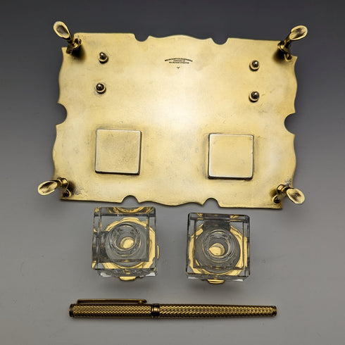 1935年 英国ヴィンテージ 純銀ギルト製 ペンスタンド&インク壺ペア Goldsmiths & Silversmiths