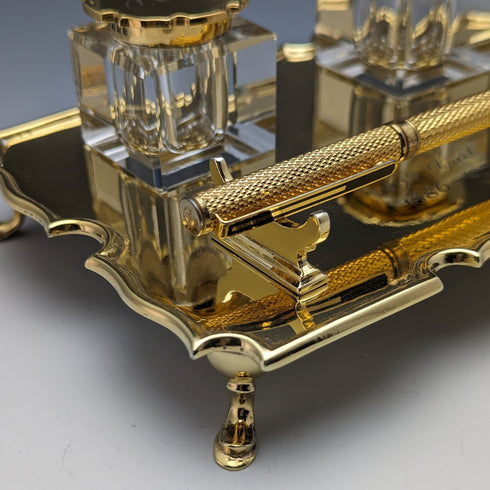 1935年 英国ヴィンテージ 純銀ギルト製 ペンスタンド&インク壺ペア Goldsmiths & Silversmiths