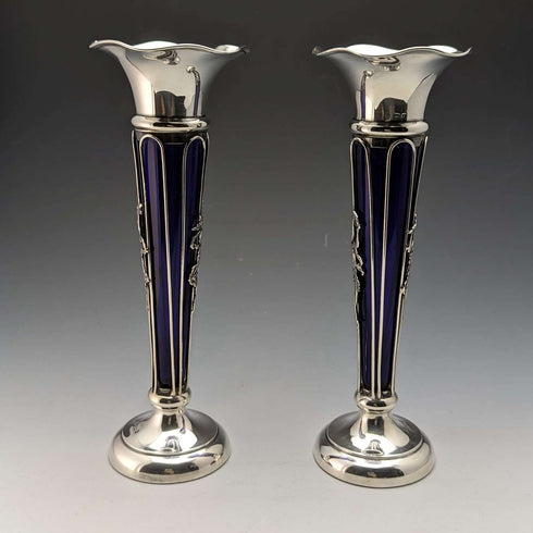 1905年 英国アンティーク 純銀製 花瓶ペア 一輪挿し コバルトガラスインナー Williams Ltd