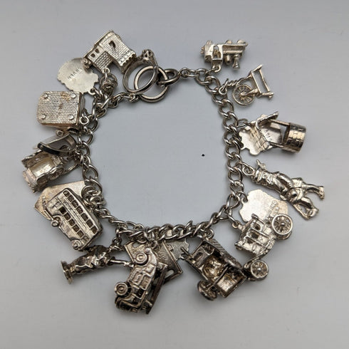 British vintage sterling silver charm bracelet 62g