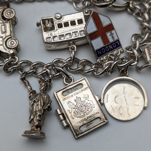 British vintage sterling silver charm bracelet 62g