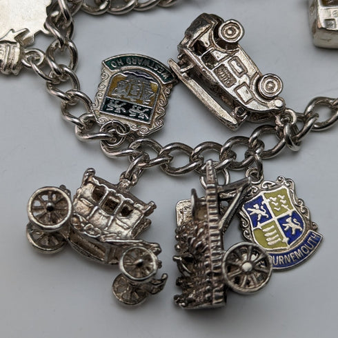 British vintage sterling silver charm bracelet 62g