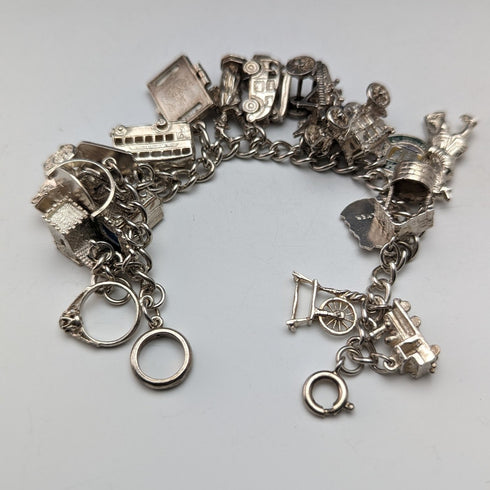 British vintage sterling silver charm bracelet 62g