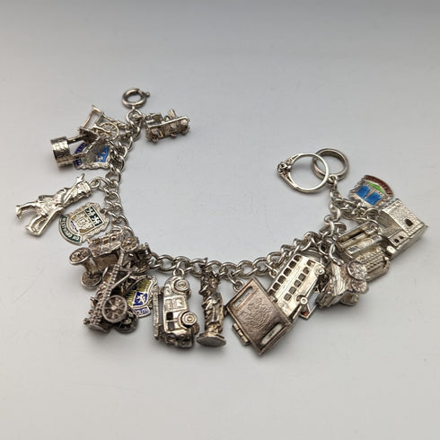 British vintage sterling silver charm bracelet 62g