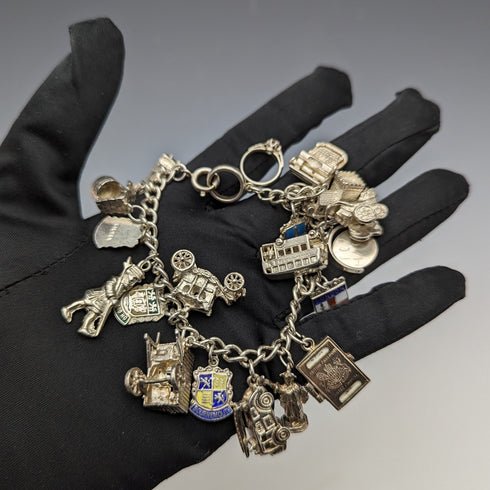 British vintage sterling silver charm bracelet 62g