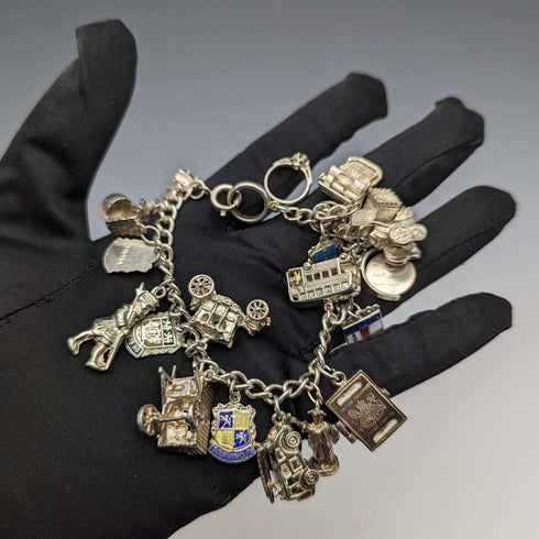British vintage sterling silver charm bracelet 62g