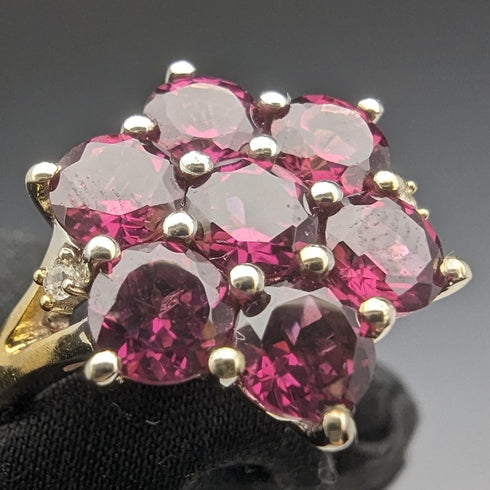 British Vintage Jewelry Garnet Flower Sterling Silver Gilt Ring Ring
