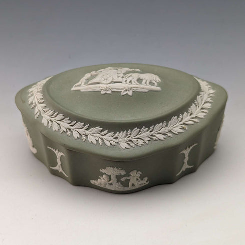 British Vintage Wedgwood Jasperware Oval Box Accessory Case Green