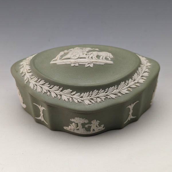 British Vintage Wedgwood Jasperware Oval Box Accessory Case Green