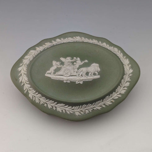 British Vintage Wedgwood Jasperware Oval Box Accessory Case Green
