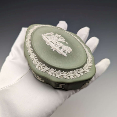 British Vintage Wedgwood Jasperware Oval Box Accessory Case Green